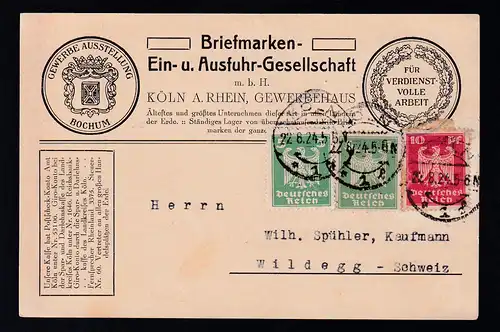 Adler 5 Pfg. (2x) und 10 Pfg. auf Postkarte der Briefmarken-Ein- und Ausfuhr 