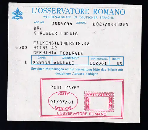 1981 Freistempel der Zeitung "L'OSSERVATORE ROMANO" auf Adressblatt nach Mainz