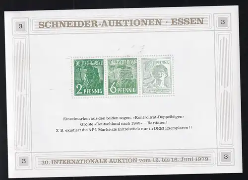 Schneider-Auktionen, Essen Reklame-Block 3 mit Einzelmarken aus Kontrollrat-