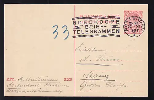 Königin Wilhelmine 7½  C. ab Rotterdam 22.XI.1937 nach Mainz