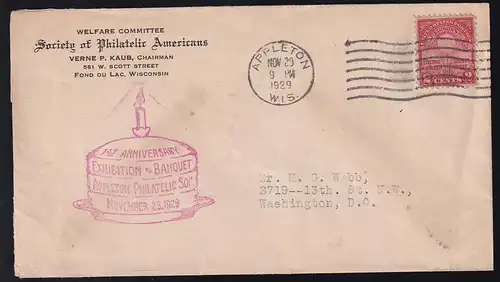1929 Appleton Brief mit Ortsstempel und Cachet 1,Jahrestag der Gründung des 