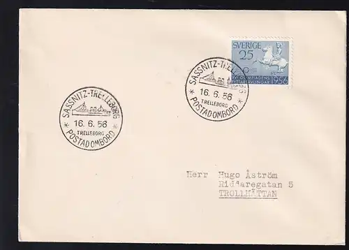 SASSNITZ-TRELLEBORG POSTAD OMBORD TRELLEBORG 16.6.56 auf Brief