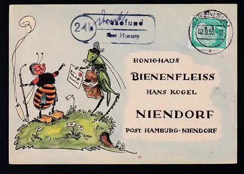 (24b) HUSUM k 02.9.55 + R2 24b Haselund über Husum auf Firmen-Antwortpostkarte