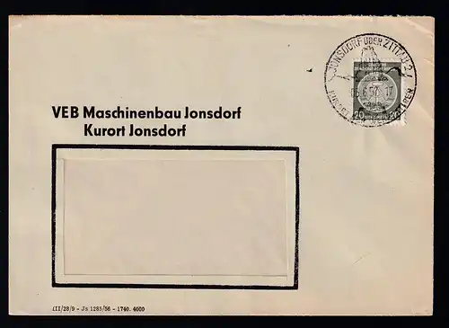 Staatswappen 20 Pfg. auf Fensterbrief des VEB Maschinenbau Jonsdorf