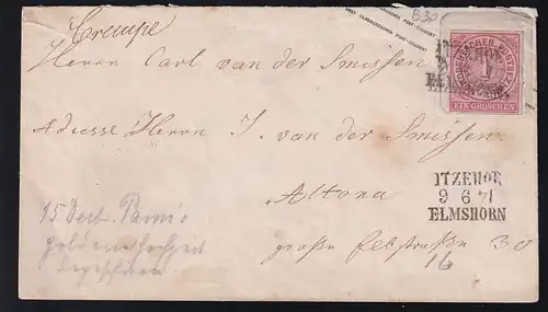 Ziffer 1 Gr. auf Preussen U 28 mit L3 ITZEHOE ELMSHORN 9.6. I nach Altona