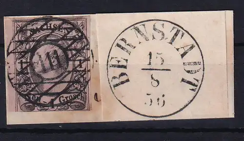 König Johann I 1 Ngr. auf Briefstück mit Nummernstempel 111 + K1 BERNSTADT 15.8.56