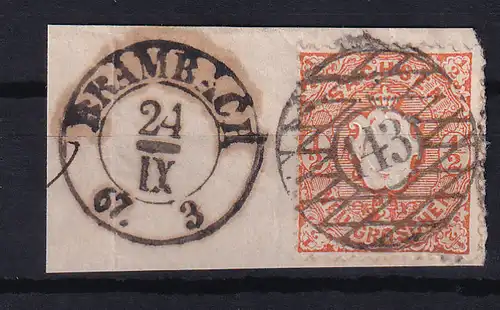 Wappen ½  Ngr. auf Briefstück mit Nummernstempel 143 + K2 BRAMBACH 24.IX.67,