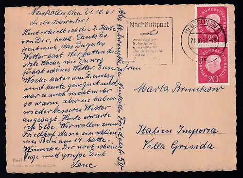 Heuss-Medaillon 20 Pfg. senkr. Paar auf AK (Berlin Funkturm) ab Berlin SW 11