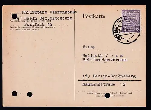 Wappen 6 Pfg. auf Postkarte ab Egeln (Bz Magdeburg) 26.1.46 nach Berlin-Schöneberg,