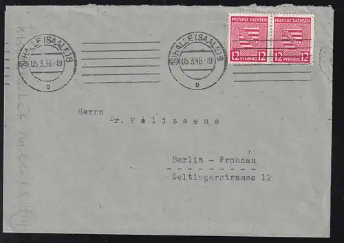 Wappen 12 Pfg. waager. Paar auf Brief ab Halle (Saale) 05.3.46 nach Berlin-Frohnau