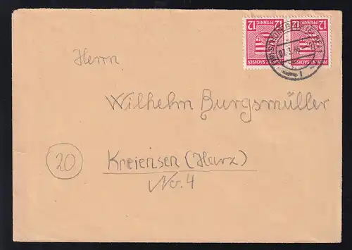 Wappen 12 Pfg. waager. Paar auf Brief ab Schönebeck (Elbe) 07.3.46 nach Kreiensen/Harz, 