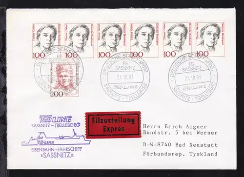 DEUTSCHE SCHIFFSPOST FS SASSNITZ TS-LINE SASSNITZ-TRELLEBORG 24.10.93 + Cachet