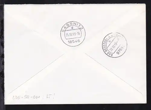 DEUTSCHE SCHIFFSPOST FS SASSNITZ TS-LINE SASSNITZ-TRELLEBORG 24.10.93 + Cachet