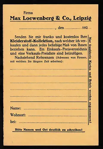 Leipzig ungebrauchte Firmenpostkarte der Kleiderstoff-Großhandlung 