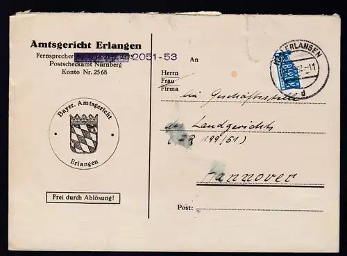Dienstbrief des Amtsgericht Erlangen ab Erlangen 12.12.52 nach Hannover