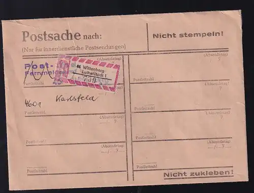 R-Zettel von 46 Wittenberg Lutherstadt 1 auf Postsache nach 4601 Karlsfeld