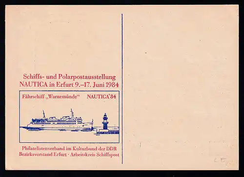 ERFURT 1 5010 NAUTICA '84 15 Jahre AK Schiffspost 17.06.84 auf Sonderpostkarte 