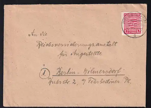 Wappen 12 Pfg. auf Brief ab Genthin 10.1.46 nach Berlin-Wilmersdorf
