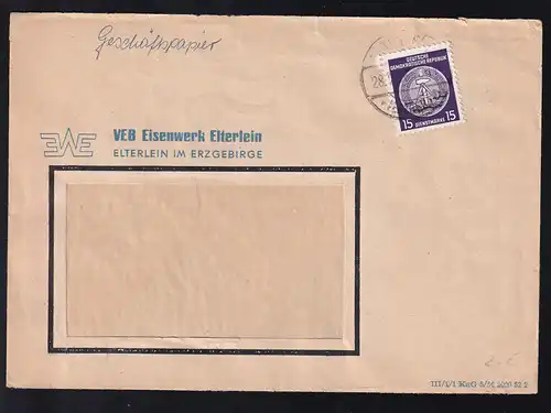 Staatswappen 15 Pfg. auf Fensterbrief des VEB Eisenwerk Elterlein