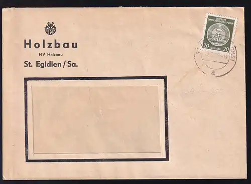 Staatswappen 20 Pfg. auf Fensterbrief des VEB Holzbau St. Egidien/Sa.