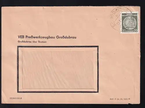 Staatswappen 20 Pfg. auf Fensterbrief des VEB Preßwerkzeugbau Großdubrau über Bautzen