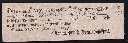 1791 Ortsdruck-Postschein des Königl. Preuß. Grenz=Post=Amt Stettin