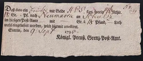 1790 Ortsdruck-Postschein des Königl. Preuß. Grenz=Post=Amt Stettin