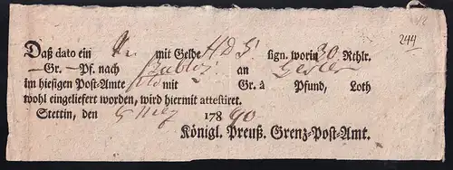 1790 Ortsdruck-Postschein des Königl. Preuß. Grenz=Post=Amt Stettin