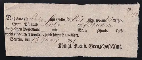 1791 Ortsdruck-Postschein des Königl. Preuß. Grenz=Post=Amt Stettin