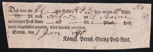 1790 Ortsdruck-Postschein des Königl. Preuß. Grenz=Post=Amt Stettin