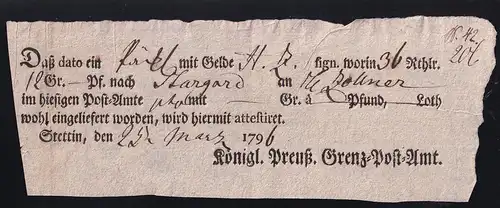 1796 Ortsdruck-Postschein des Königl. Preuß. Grenz=Post=Amt Stettin