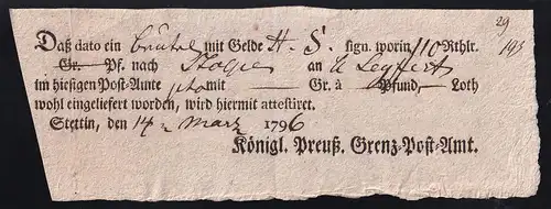 1796 Ortsdruck-Postschein des Königl. Preuß. Grenz=Post=Amt Stettin