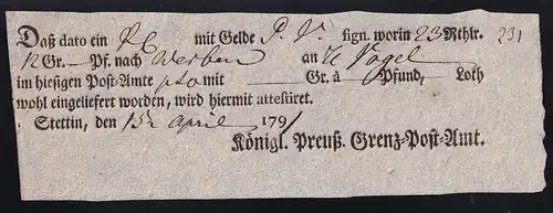 1791 Ortsdruck-Postschein des Königl. Preuß. Grenz=Post=Amt Stettin