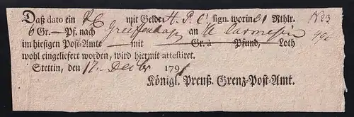 1791 Ortsdruck-Postschein des Königl. Preuß. Grenz=Post=Amt Stettin