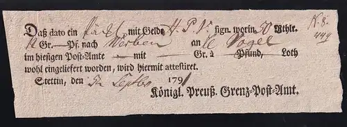 1791 Ortsdruck-Postschein des Königl. Preuß. Grenz=Post=Amt Stettin