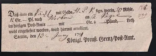 1791 Ortsdruck-Postschein des Königl. Preuß. Grenz=Post=Amt Stettin