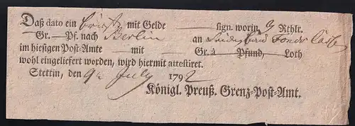 1792 Ortsdruck-Postschein des Königl. Preuß. Grenz=Post=Amt Stettin