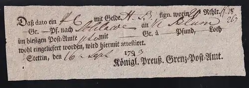 1793 Ortsdruck-Postschein des Königl. Preuß. Grenz=Post=Amt Stettin