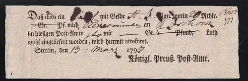 1797 Ortsdruck-Postschein des Königl. Preuß. Post=Amt Stettin