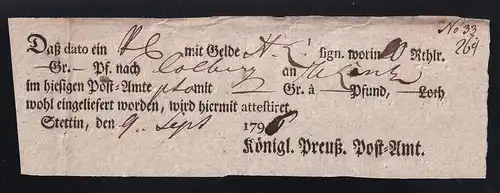 1796 Ortsdruck-Postschein des Königl. Preuß. Post=Amt Stettinttin