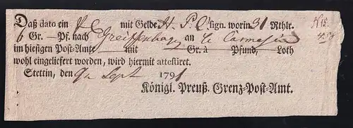 1791 Ortsdruck-Postschein des Königl. Preuß. Grenz=Post=Amt Stettin