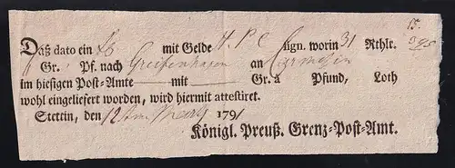 1791 Ortsdruck-Postschein des Königl. Preuß. Grenz=Post=Amt Stettin