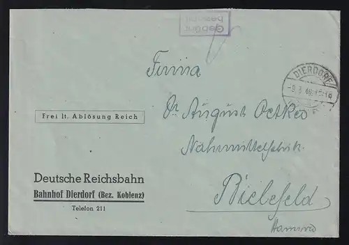 DIERDORF (BZ KOBLENZ) a 9.3.46 + R2 Gebühr bezahlt auf Dienstbrief des Bahnhof Dierdorf