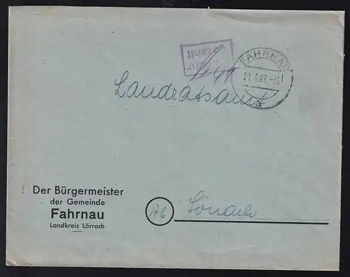 FAHRNAU a 21.4.47 + R2 Gebühr bezahlt auf Brief des Bürgermeisters der Gemeonde Fahrnau