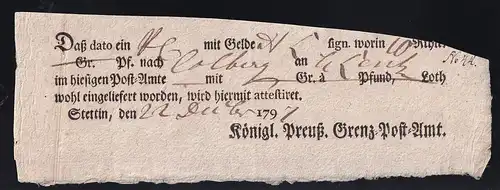 1797 Ortsdruck-Postschein des Königl. Preuß. Grenz=Post=Amt Stettin