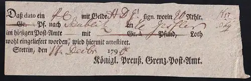 1790 Ortsdruck-Postschein des Königl. Preuß. Grenz=Post=Amt Stettin