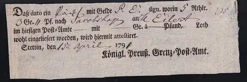 1791 Ortsdruck-Postschein des Königl. Preuß. Grenz=Post=Amt Stettin