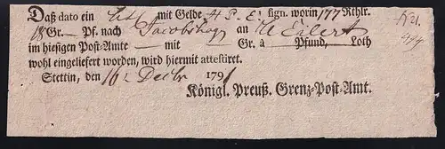 1791 Ortsdruck-Postschein des Königl. Preuß. Grenz=Post=Amt Stettin