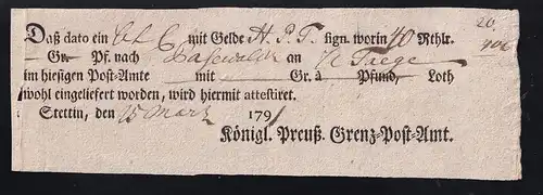 1791 Ortsdruck-Postschein des Königl. Preuß. Grenz=Post=Amt Stettin