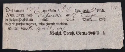 1791 Ortsdruck-Postschein des Königl. Preuß. Grenz=Post=Amt Stettin